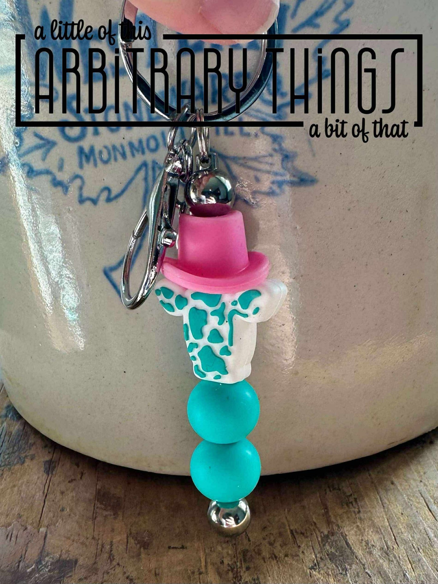 Pink Hat & Turquoise Cow Keychain